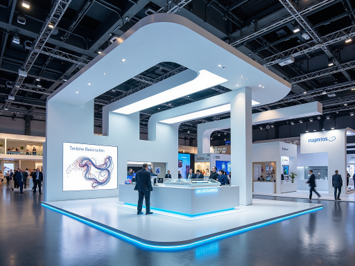 全屋定制展会现场照片，参展商展示最新产品，参观者围观了解，现代化展览馆环境