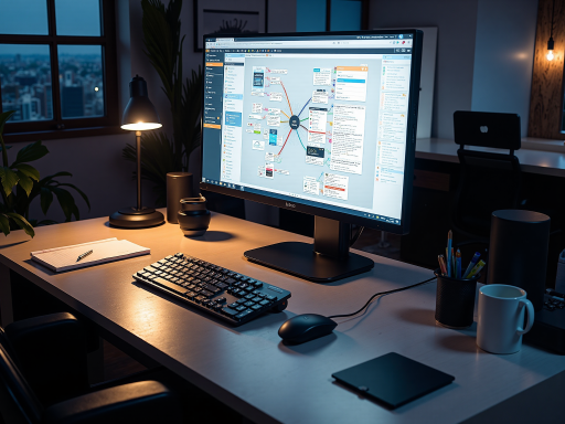 设计师工作室照片，电脑屏幕显示设计软件界面，设计图纸整齐摆放，专业工作环境